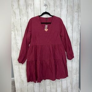 Amazon Long Sleeve Dress V Neck Red Maroon Size Large Pockets